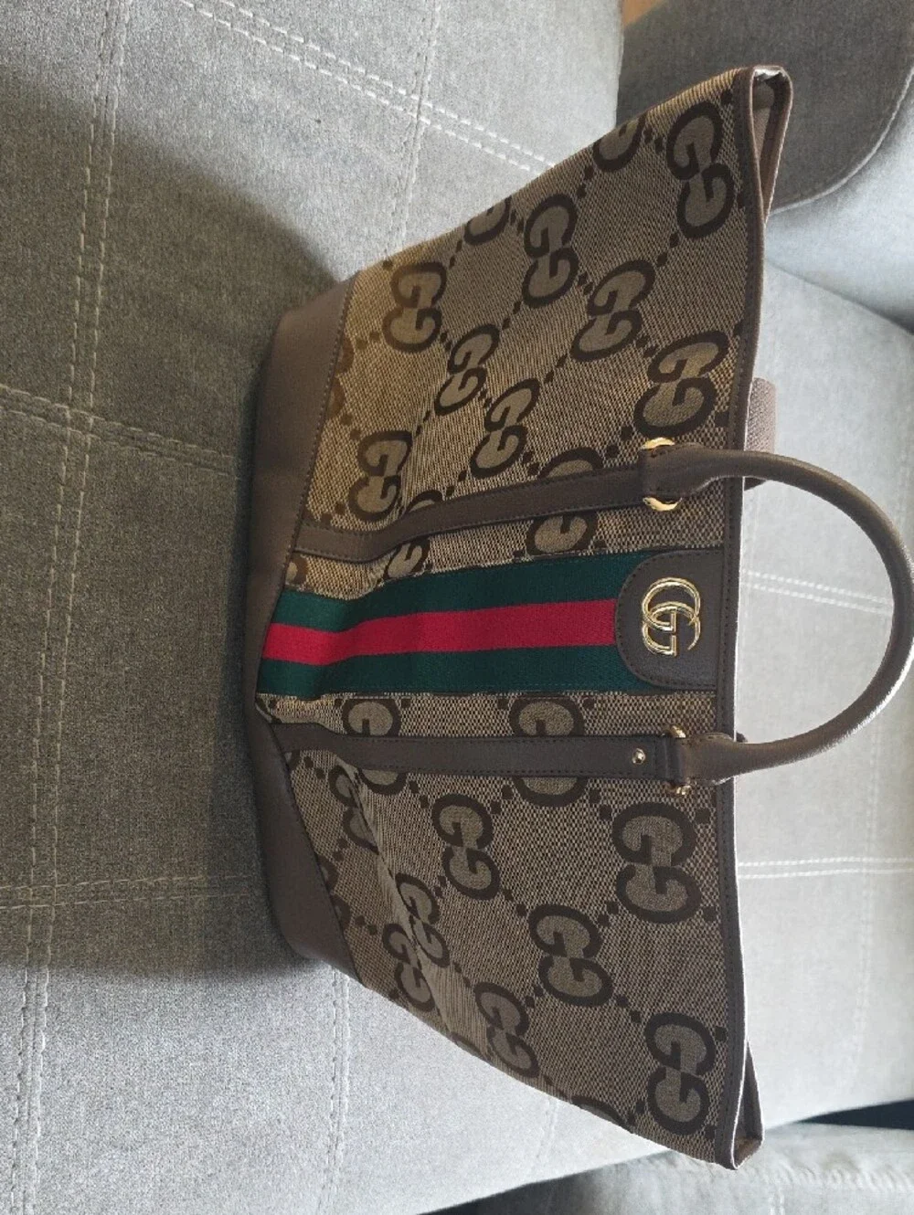 Gucci Brown GG Canvas Tote with Green and Red Web Stripe